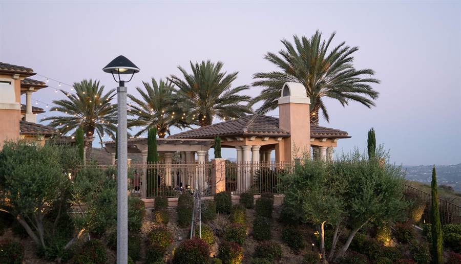Hillside homes and palm trees at dusk in Orange County